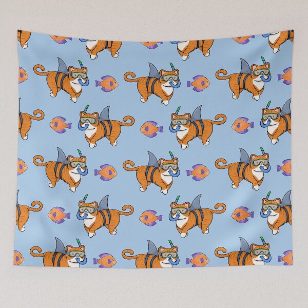 Item preview, Orange Ginger Shark Cat and Fish Repeat Print designed and sold by ClarissaDoodles.