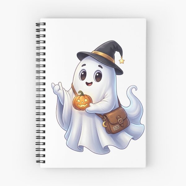 Item preview, cute halloween ghost wearing black witch hat holding pumpkin vector illustration  designed and sold by Designova10.