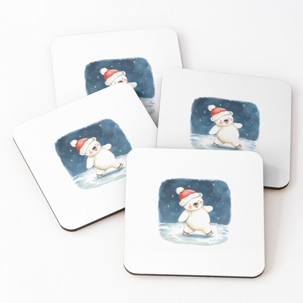 Item preview, Cute Polar Bear Ice Skating with Santa Hat – Christmas Watercolor Illustration designed and sold by mayatA-rt.