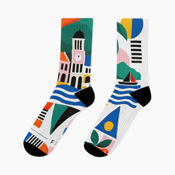 Item preview, Colorful geometric travel poster featuring a seaside village, designed and sold by ckybe.