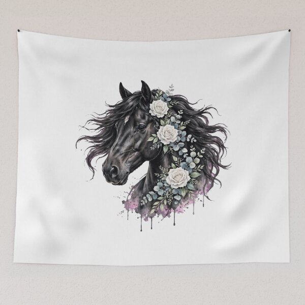 Item preview, Black Horse White Roses Watercolor Floral Equestrian Art designed and sold by Vibe-Vary.