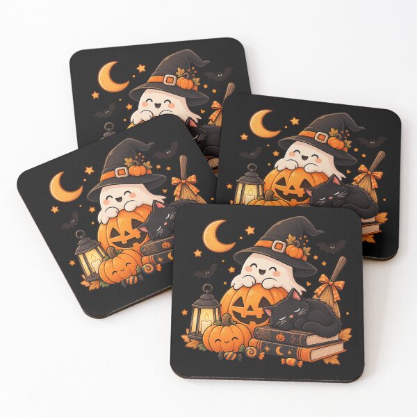 Item preview, Cute Kawaii Halloween Ghost Witch Cat Pumpkin designed and sold by littlepiptales.