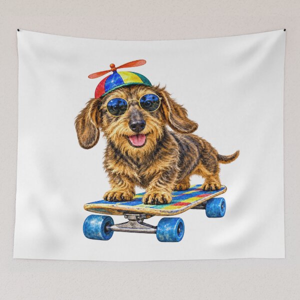 Item preview, Skateboarding Wirehaired Dachshund in Sunglasses and Propeller Beanie designed and sold by Russell Thorne.