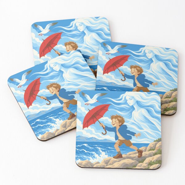 Item preview, Dancing with the Bura Wall Art, Adriatic Coastal Print, Boy with Red Umbrella, Mediterranean Art, Croatian Seaside Decor, Whimsical Art designed and sold by Studio pod Burom.