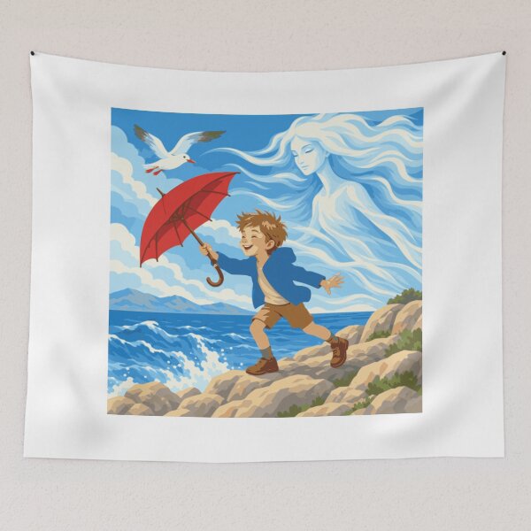 Item preview, Dancing with the Bura Wall Art, Adriatic Coastal Print, Boy with Red Umbrella, Mediterranean Art, Croatian Seaside Decor, Whimsical Art designed and sold by Studio pod Burom.