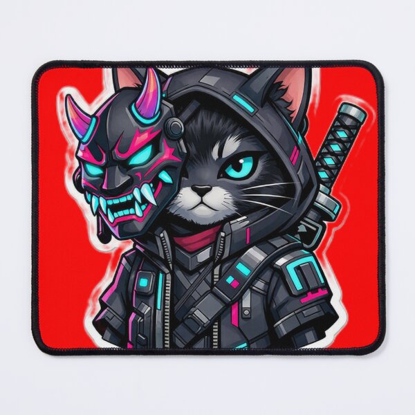 Item preview, Cyberpunk Samurai Cat with Oni Mask and Katana Sticker designed and sold by CyberPaws Art.