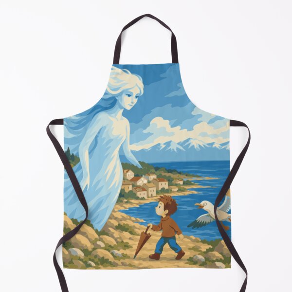 Artikelvorschau, Wandbild „Wohin die Bura führt“, Adria-Küstenmotiv, mediterrane Volkskunst, Junge und Windgeist, kroatisches Küstenmotiv, verspielte Dekoration entworfen und verkauft von Studio pod Burom.