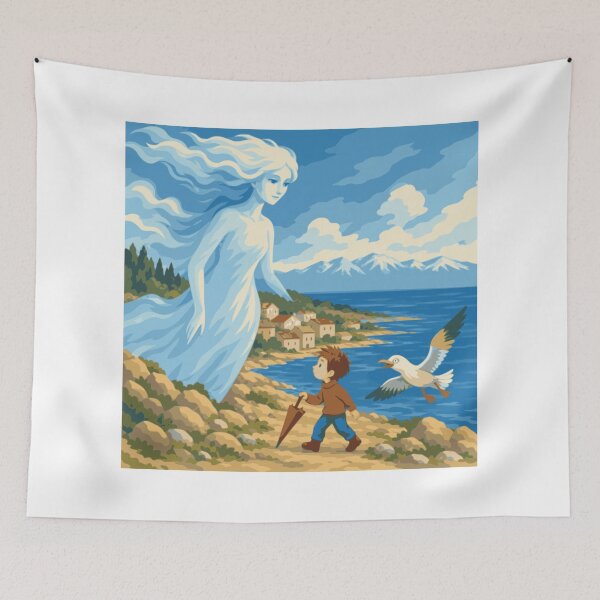Item preview, Where the Bura Leads Wall Art, Adriatic Coastal Print, Mediterranean Folk Art, Boy and Wind Spirit, Croatian Seaside Print, Whimsical Decor designed and sold by Studio pod Burom.