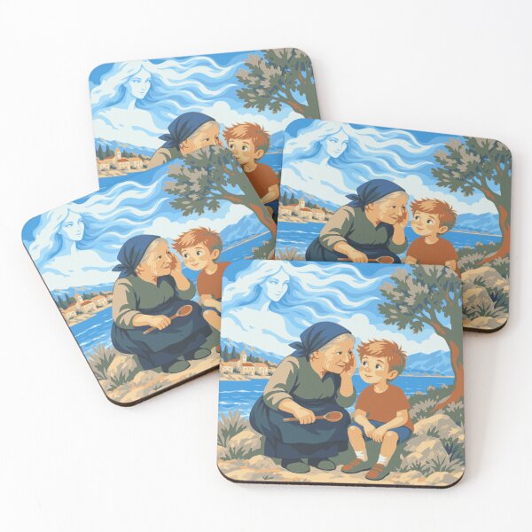 Item preview, Stories the Bura Remembers Art Print, Croatian Coastal Wall Art, Grandmother and Boy Illustration, Adriatic Folk Art, Mediterranean Decor designed and sold by Studio pod Burom.