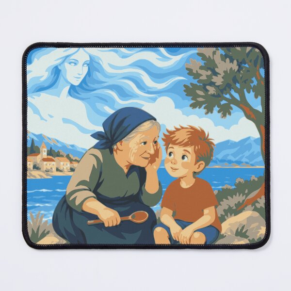 Item preview, Stories the Bura Remembers Art Print, Croatian Coastal Wall Art, Grandmother and Boy Illustration, Adriatic Folk Art, Mediterranean Decor designed and sold by Studio pod Burom.