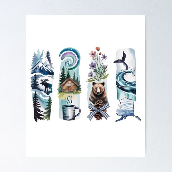 Item preview, Alaska Wildlife Watercolor - Moose, Aurora, Bear & Whale designed and sold by Marie Gems.