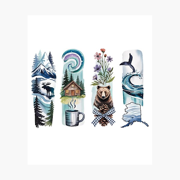 Item preview, Alaska Wildlife Watercolor - Moose, Aurora, Bear & Whale designed and sold by Marie Gems.