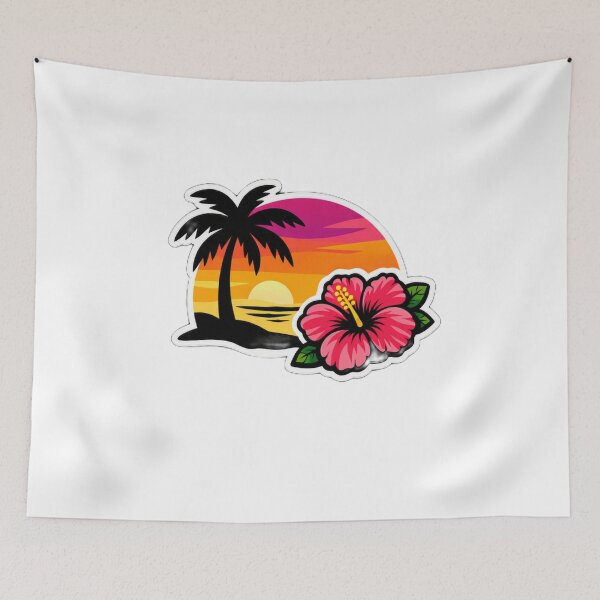 Item preview, Tropical Beach Sunset with Hibiscus Flower and Palm Tree Sticker designed and sold by CyberPaws Art.