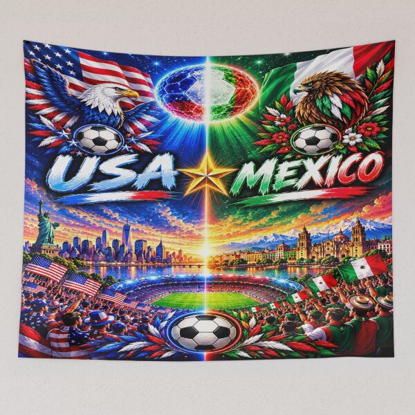 Item preview, USA mexico football match poster / cosmic neon football rivalry art designed and sold by Nexus Space.