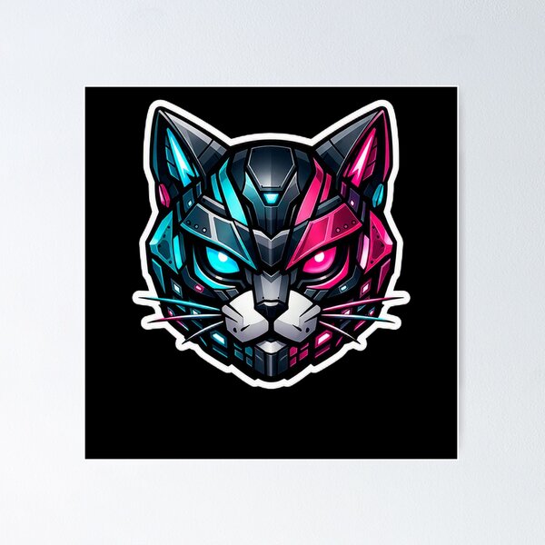 Item preview, Cyberpunk Mecha Cat Neon Glowing Robotic Feline Helmet Sticker designed and sold by CyberPaws Art.