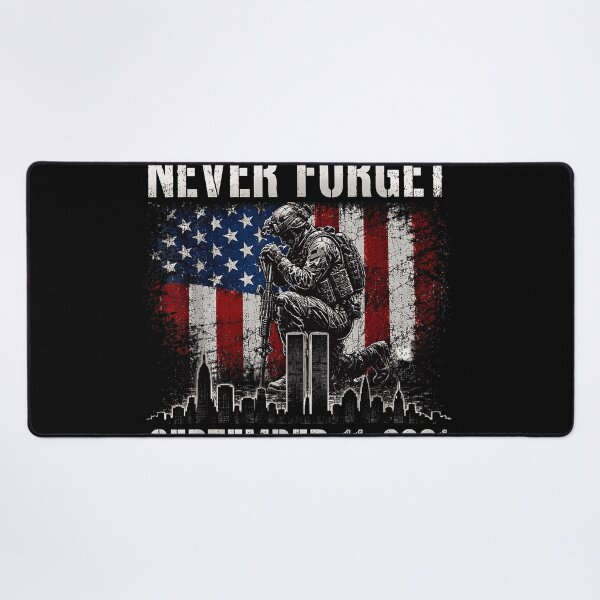 Item preview, Never Forget September 11 2001 Soldier Kneeling Twin Towers American Flag Memorial Fan Apparel designed and sold by Sendowart.