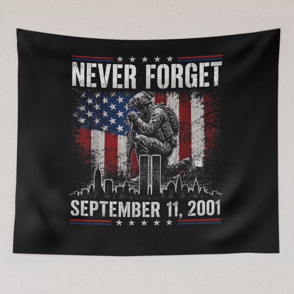 Item preview, Never Forget September 11 2001 Soldier Kneeling Twin Towers American Flag Memorial Fan Apparel designed and sold by Sendowart.