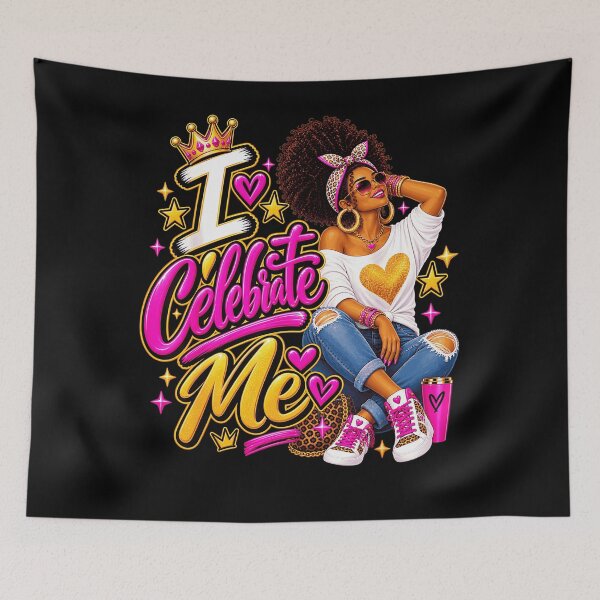 Item preview, I Celebrate Me Confident Black Woman Pink Gold Crown Self Love Empowerment Fan Apparel designed and sold by Sendowart.