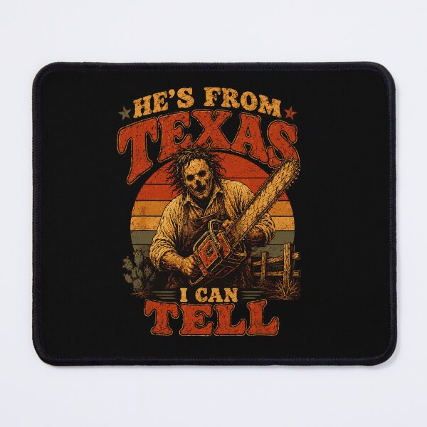 Item preview, Hes From Texas I Can Tell Leatherface Chainsaw Retro Sunset Horror Movie Fan Apparel designed and sold by Sendowart.