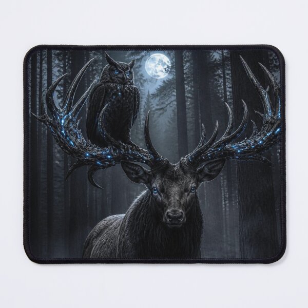 Item preview, Cybernetic Stag&Owl – Dark Realism Midnight Forest Art designed and sold by LazyDayzCo.