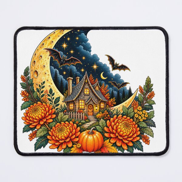 Item preview, Moonlit October – Cozy Halloween Cottage & Crescent Moon designed and sold by webpatty.