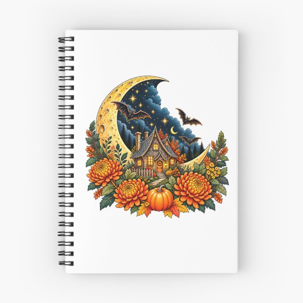Item preview, Moonlit October – Cozy Halloween Cottage & Crescent Moon designed and sold by webpatty.
