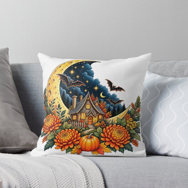 Item preview, Moonlit October – Cozy Halloween Cottage & Crescent Moon designed and sold by webpatty.
