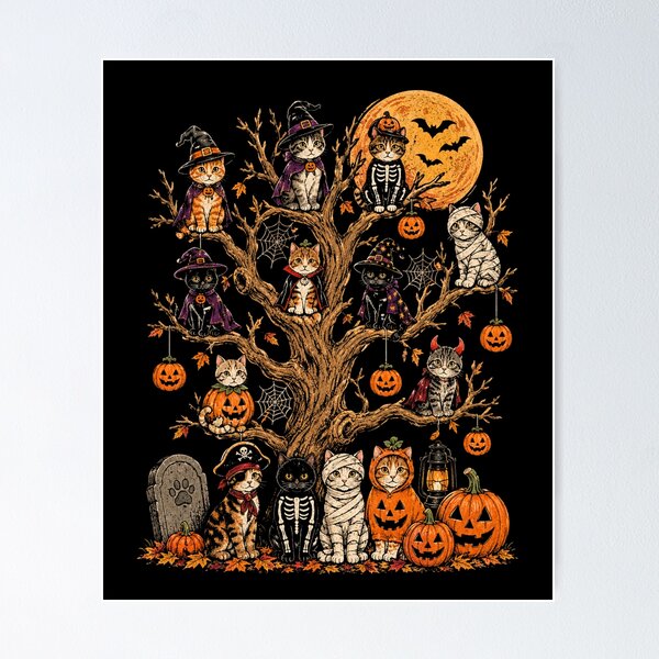 Item preview, Retro Vintage Halloween Cats Tree Pumpkin Spooky designed and sold by Moizento.