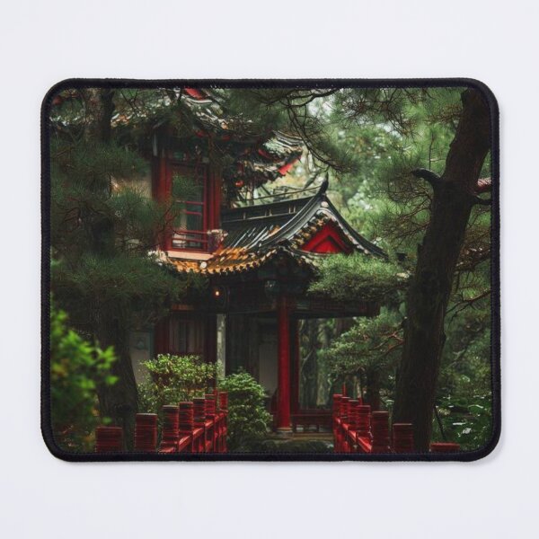 Item preview, Rainy Japanese Garden with Red Wooden Bridge — Serene Pagoda Temple Landscape designed and sold by LYAN-STORE.