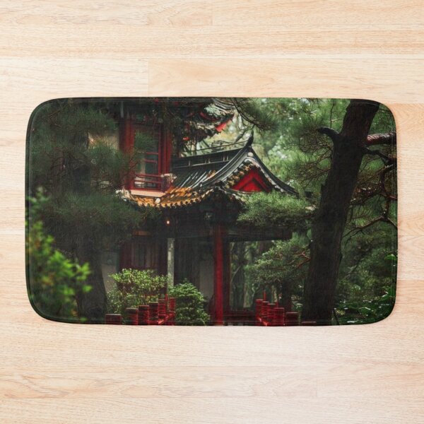 Item preview, Rainy Japanese Garden with Red Wooden Bridge — Serene Pagoda Temple Landscape designed and sold by LYAN-STORE.