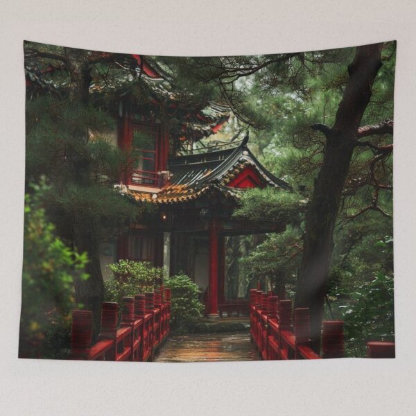 Item preview, Rainy Japanese Garden with Red Wooden Bridge — Serene Pagoda Temple Landscape designed and sold by LYAN-STORE.