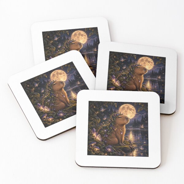 Item preview, Magical Moonlit Capybara with Crystals and Glowing Butterflies Art Print designed and sold by KristinaArts.