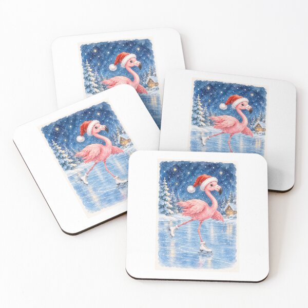 Item preview, Cute Pink Flamingo Ice Skating with Santa Hat – Christmas Watercolor Illustration designed and sold by mayatA-rt.
