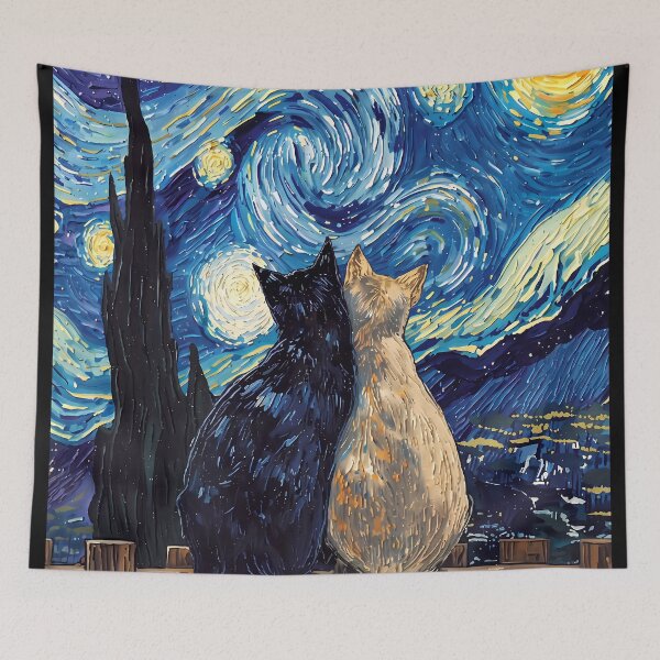 Item preview, Starry Night Black And White Cat Couple Impressionist Whimsical Night Sky Wall Decor designed and sold by FaizArtShop.