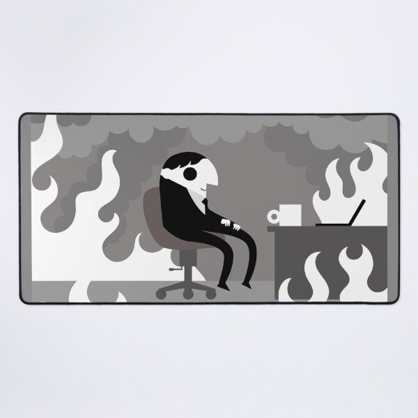 Item preview, happy office worker surrounded by flames in a burning workplace designed and sold by matintheworld ( delcarmat ).