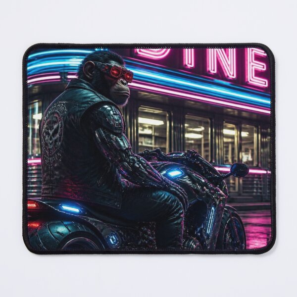 Item preview, Cyberpunk Biker Chimp – Futuristic Neon Diner Art designed and sold by LazyDayzCo.