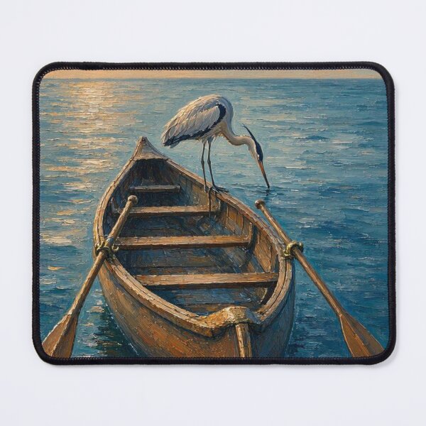 Item preview, Great Blue Heron on Wooden Rowboat Oil Painting designed and sold by ShieldRockPrints.