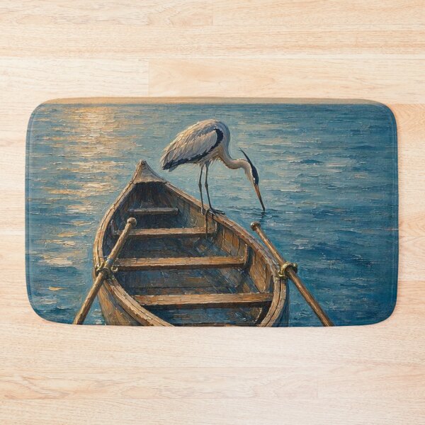 Item preview, Great Blue Heron on Wooden Rowboat Oil Painting designed and sold by ShieldRockPrints.