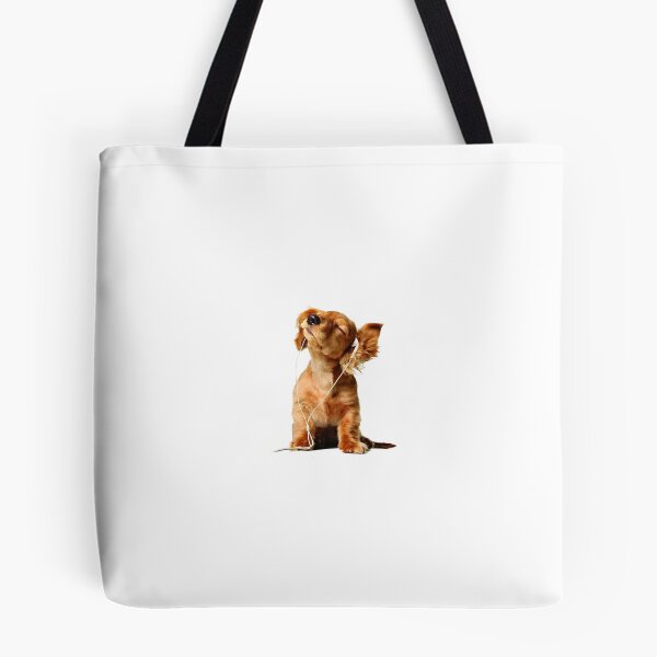 Item preview,  long-haired Dachshund puppy with earbuds listening to music wiener dog cute puppy dog music designed and sold by bunnylover4life.