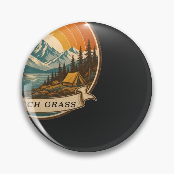 Item preview, Touch Grass Retro Mountain Sunset Camping Badge designed and sold by RetroThreadWorks.