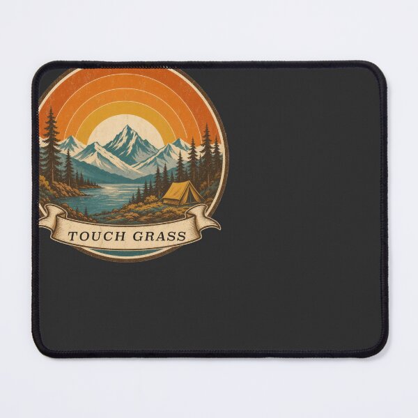Item preview, Touch Grass Retro Mountain Sunset Camping Badge designed and sold by RetroThreadWorks.