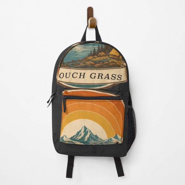 Item preview, Touch Grass Retro Mountain Sunset Camping Badge designed and sold by RetroThreadWorks.