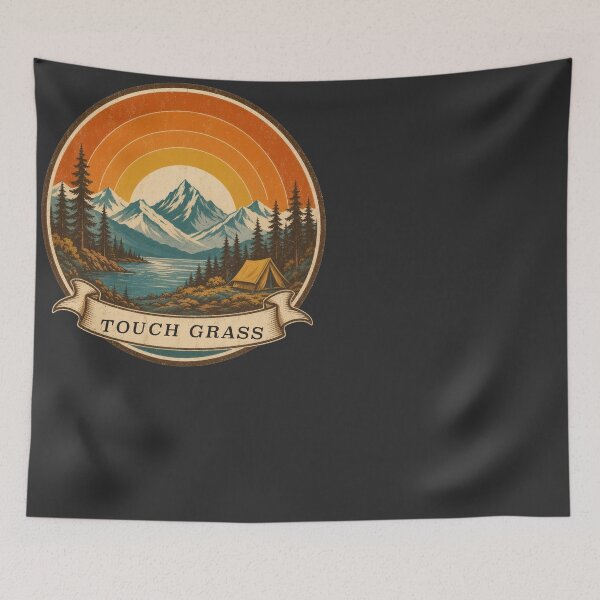 Item preview, Touch Grass Retro Mountain Sunset Camping Badge designed and sold by RetroThreadWorks.