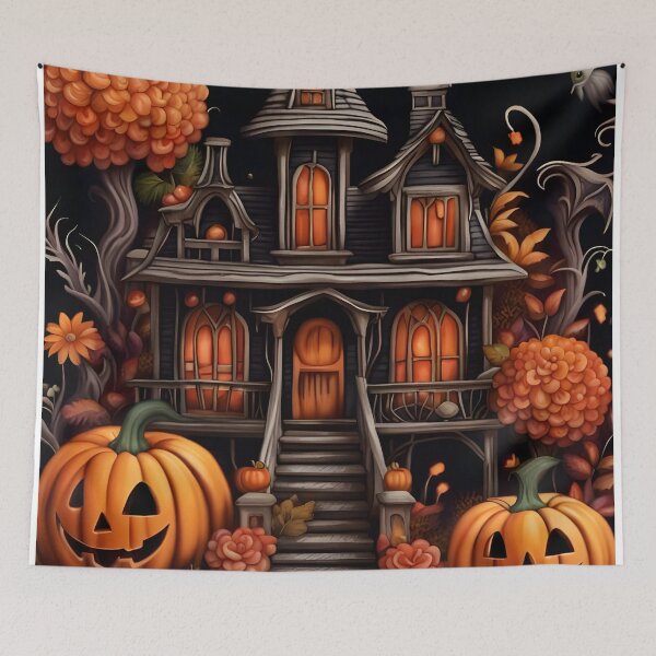 Item preview, Whimsical Witch House Autumn Pumpkins Bat Garden Illustration designed and sold by Uniquely Yours.