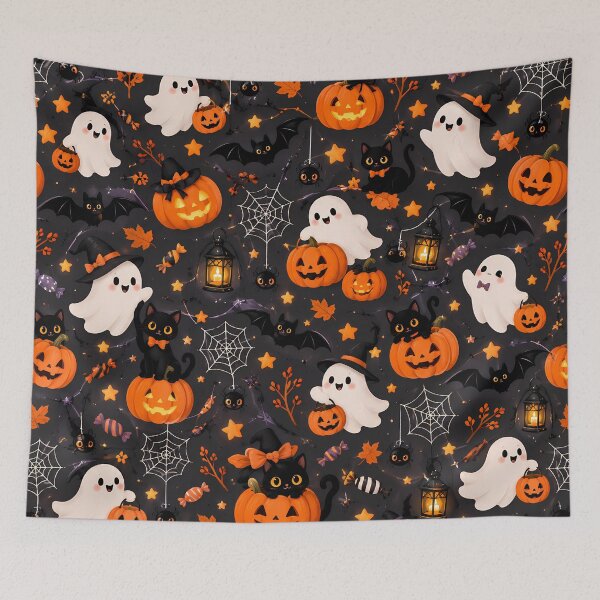 Item preview, Cute Halloween Ghosts Black Cats & Pumpkins Pattern designed and sold by ManJiangHong.