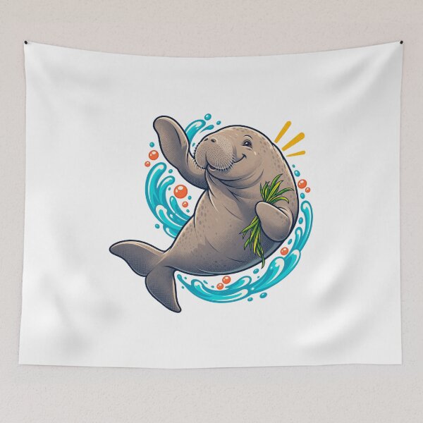 Item preview, Cheerful Dugong with Seagrass Ocean Cartoon designed and sold by RAX Mirth Studio.