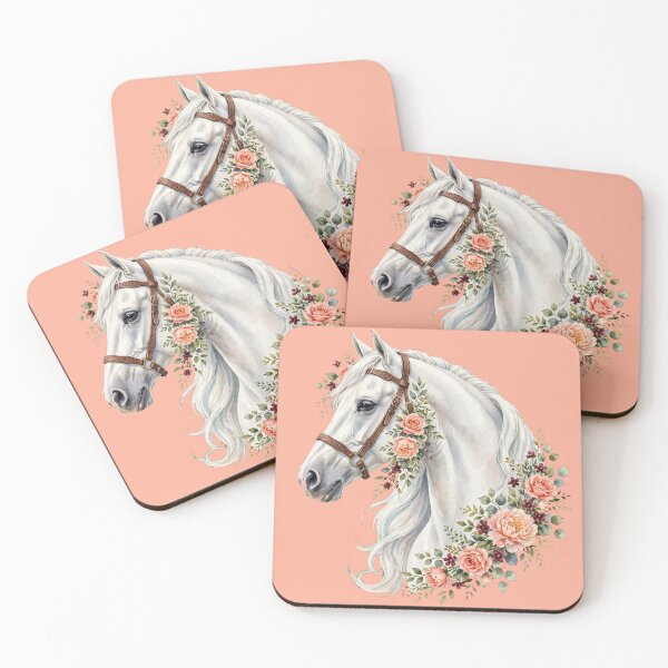 Item preview, White Horse with Leather Halter Peach Roses Floral Equestrian Art designed and sold by Vibe-Vary.