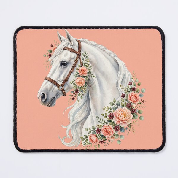 Item preview, White Horse with Leather Halter Peach Roses Floral Equestrian Art designed and sold by Vibe-Vary.
