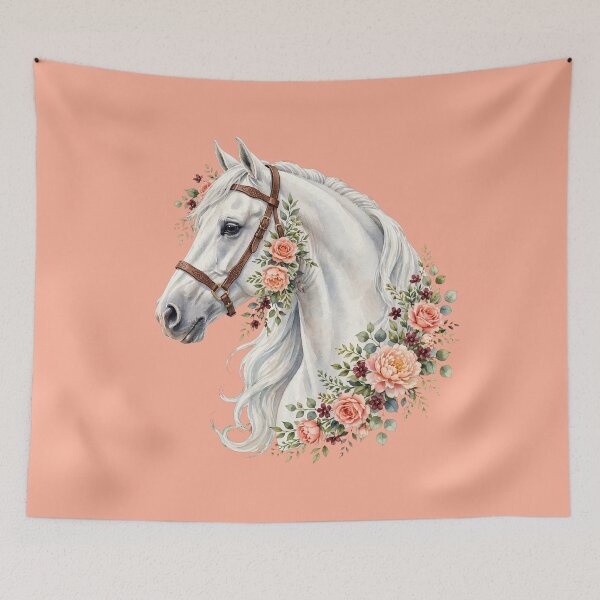 Item preview, White Horse with Leather Halter Peach Roses Floral Equestrian Art designed and sold by Vibe-Vary.