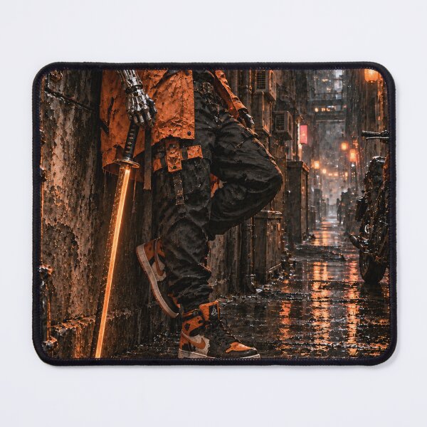 Item preview, Orange Cyberpunk Sword Bearer in a Rainy Alley designed and sold by MouradStudio.